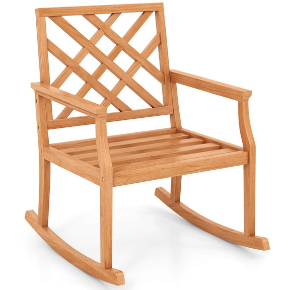 Costway 1 PCS Teak Wood Rocking Chair with Backrest and Slatted Seat Backyard and Lawn