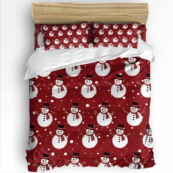 Red Christmas Snowman King Size Comforter Set, Cute Winter Snowman Snowflakes Xmas Soft Bedding for All Seasons, 4 Pcs Bed Set with 1Comforter (90"x106") ,1 Sheet(94"x116"), 2 Pillowcases (19"x35")