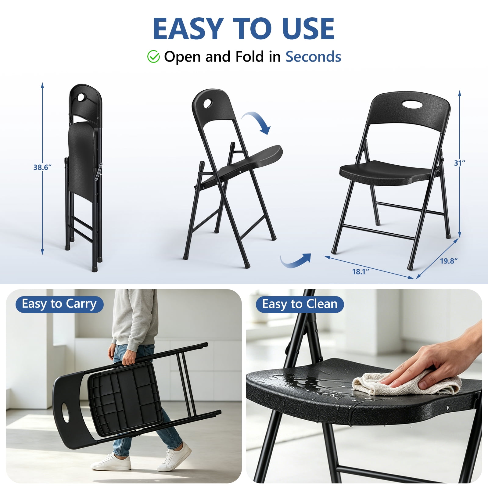 HaiCube 6 Pack Portable Plastic Folding Chair with Back Support, Heavy Duty Steel Frame, Indoor Outdoor for Party Wedding Office Patio, Black