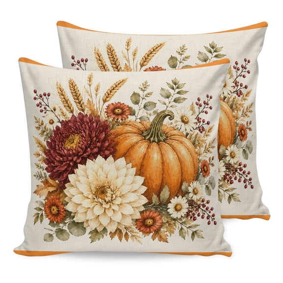 Fall Thanksgiving Pillow Covers 20x20 Set of 2, Orange Pumpkins Leaves Floral Harvest Throw Pillow Covers Decorative Couch Cushion Cover, Microfiber Soft Pillowcases for Bedroom Living Room Sofa