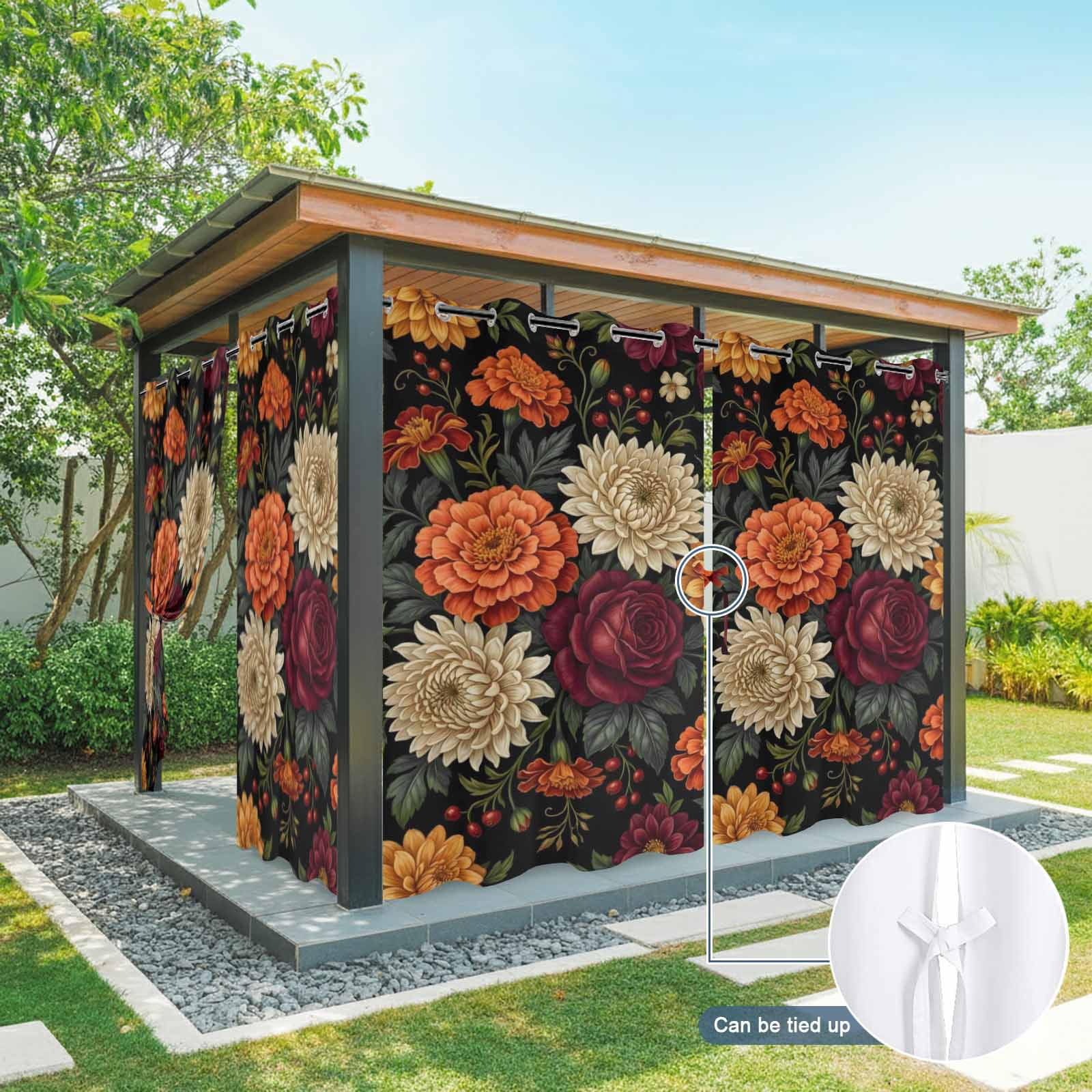 Dahlias Roses Outdoor Curtains for Patio, Country Watercolor Red Orange Flower Berry Green Leaf Sunshade Privacy Drapes Grommet Waterproof Outside Curtains for Porch/Cabana/Balcony 54"x 108", 1 Panel