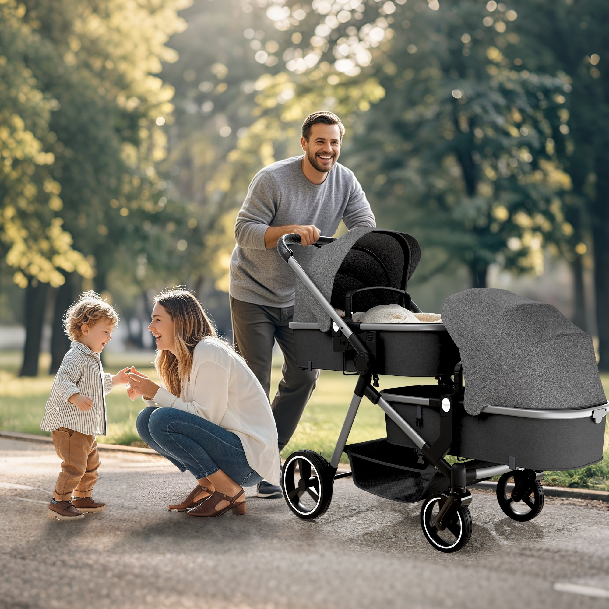 Double Stroller, Foldable Tandem for Infants & Toddlers, Reclining Seats, 5-Point Harness, Large Basket, Gray