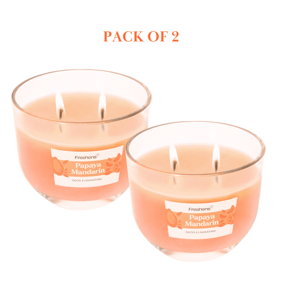 Freshens Papaya Mandarin Scented Jar Candle, 2 Wick, 14 oz, 40 Hours Burn, Pack of 2, Fruity