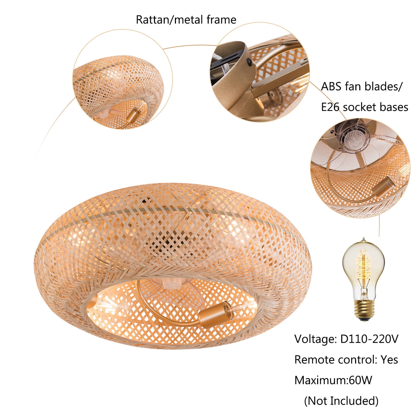 Miumaeov Wicker Rattan Ceiling Lamp Farmhouse Ceiling Fan Light Fixture Vintage Woven Rattan Caged Chandelier with Remote Control Low Profile 6 Speed for Bar Hotel Kitchen Island Bedroom