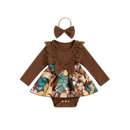 

Woshilaocai Baby Girl Fall Romper Dress Long Sleeve Floral Print Jumpsuit Headband