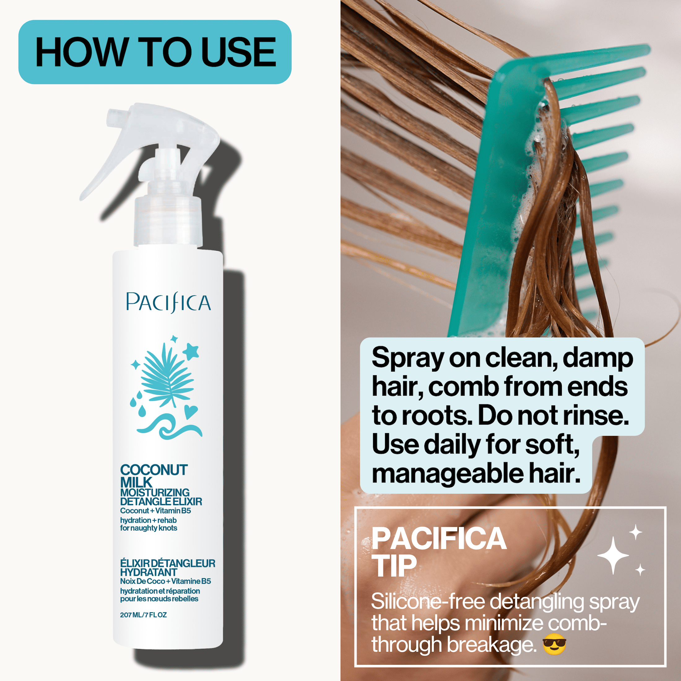 Pacifica Coconut Milk Hair Detangle Spray – Leave-In Conditioning Elixir for Tangle-Free Hair – Instantly Detangles Knots, Adds Shine & Moisture, Prevents Breakage & Frizz – Vegan & Cruelty-Free