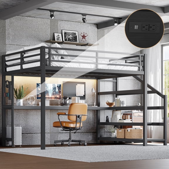 Harper & Bright Designs Queen Size Metal Loft Bed with Desk and Storage Stairs, Loft Bed Frame with LED Lights and USB Ports for Boys and Girls, White