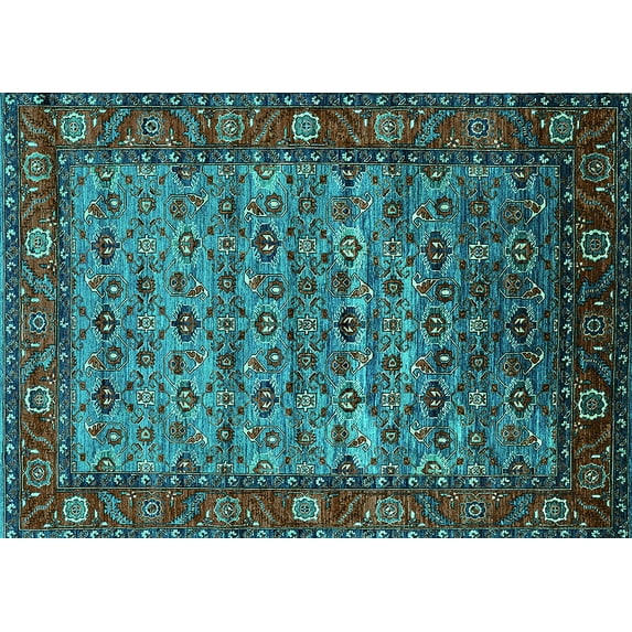 Ahgly Company Machine Washable Indoor Rectangle Oriental Turquoise Blue Industrial Area Rugs, 3' x 5'
