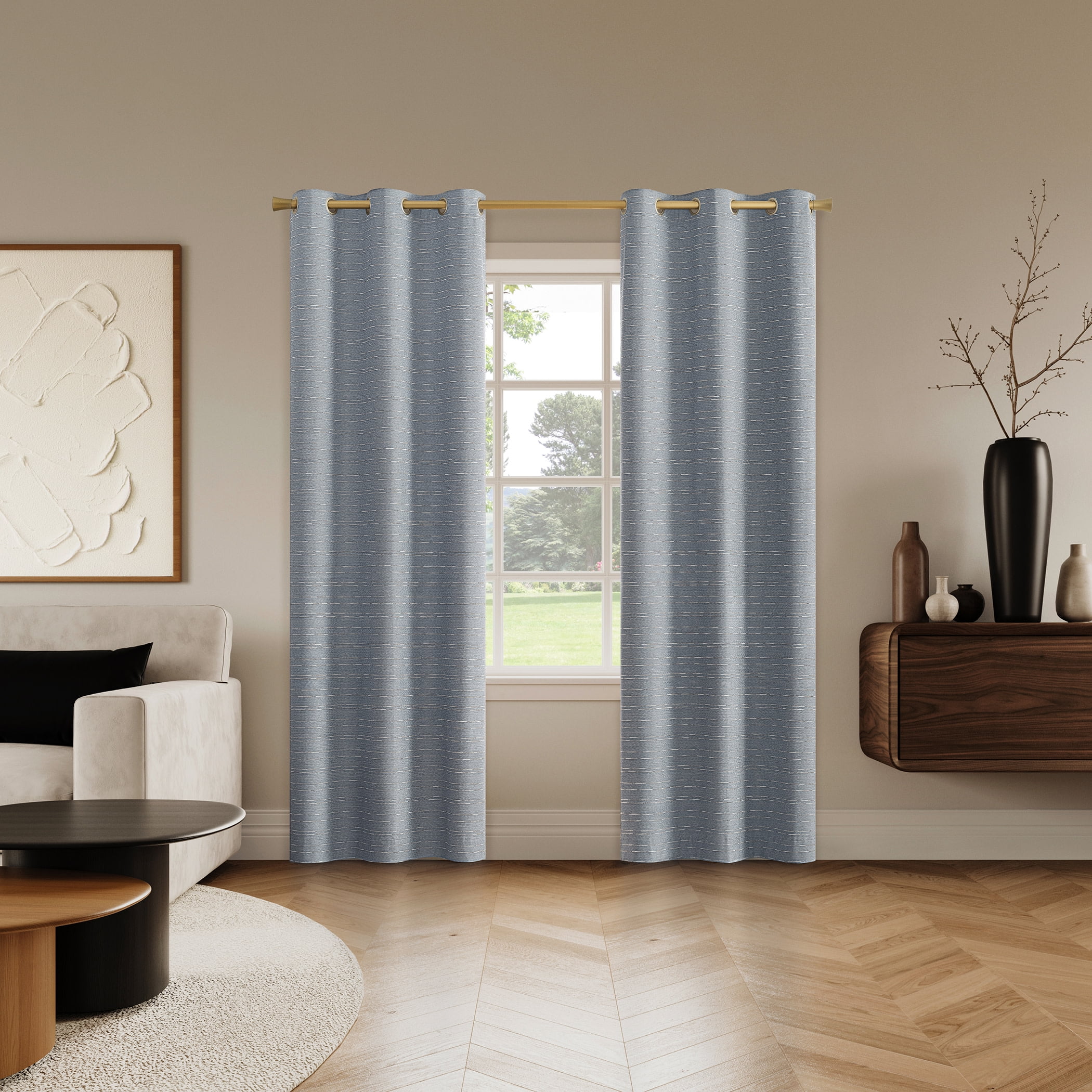 Sun Zero Dresden 2-pack Slub Detail Magnetic Closure 100% Blackout Grommet Curtain Panel Pair, 37"W x 63"L, Denim Blue