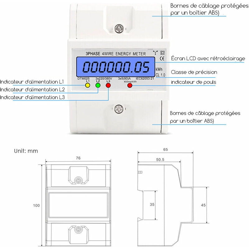 Compteur D'énergie électrique 3 Phases 4 Fils - Wattmètre Pour Rail DIN, AC - Neuf, Sans Marque