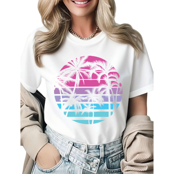 Vintage Tropical Palm Tree Sunset Graphic Tees Womans Tshirt Tops Black/White S-5XL