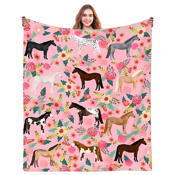 Floral Horse Blanket Gifts for Women Horse Lovers Stuff Horses Blanket Throw Plush Cozy Soft Flannel Bedding Flowers Horses Gifts for Women Adults Sofa Couch Bed Room Decor 50"X40"