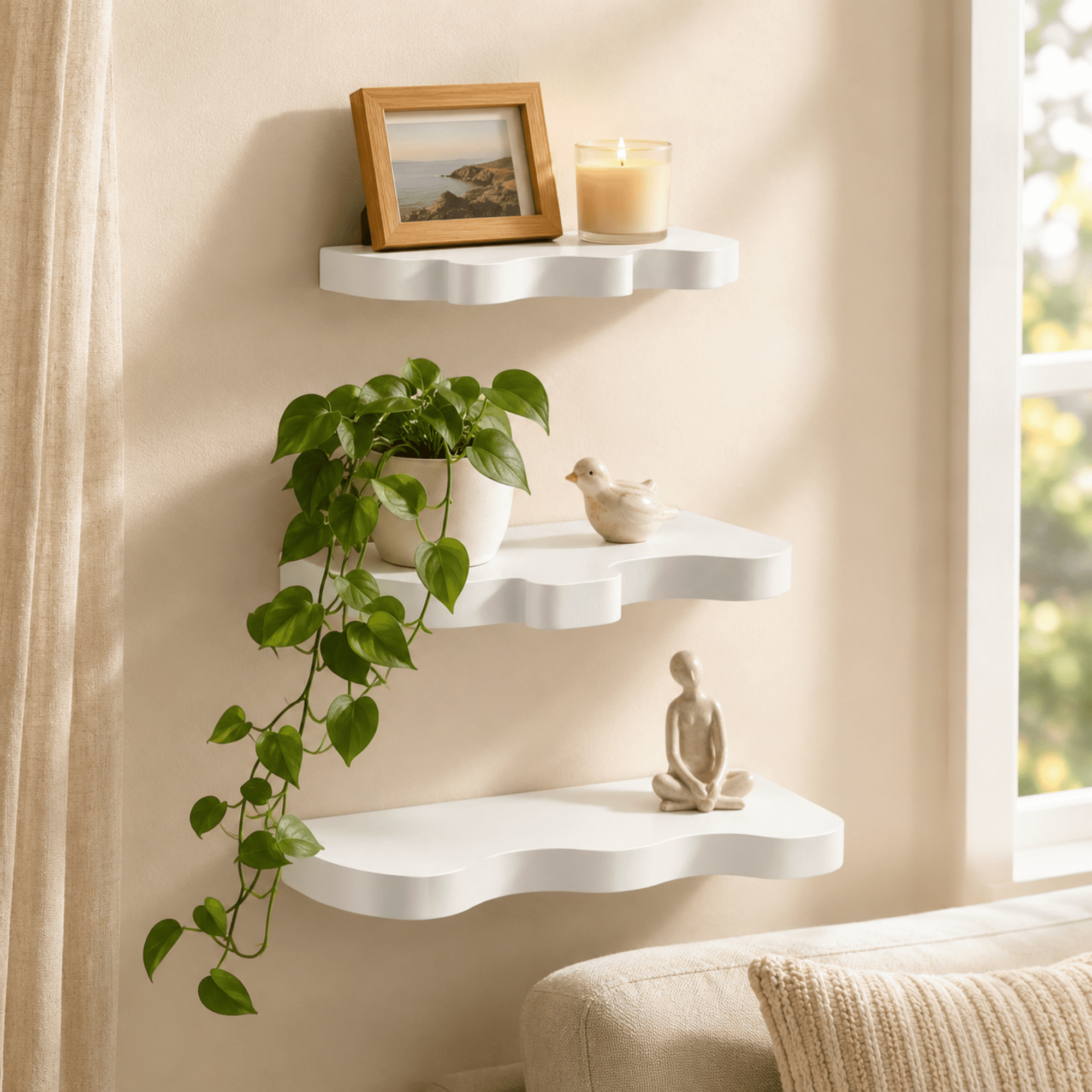 MEHOOM Set of 3 Live Edge Solid Wooden Floating Shelves, Rustic Farmhouse Vintage Wall Shelf Display Decor for Living Room, Bathroom, Bedroom, White
