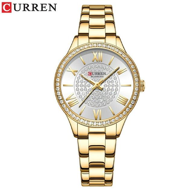 CURREN Montre de Mode Luxe Quartz Acier Inoxydable Montres pour Femmes Cadran Simple Strass Montre-Bracelet Design Original