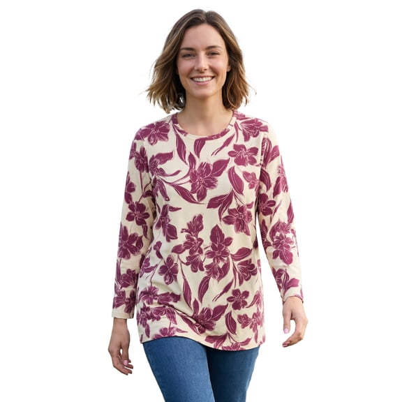 Woman Within Plus Size Perfect Printed Three-Quarter-Sleeve Scoopneck Tunic