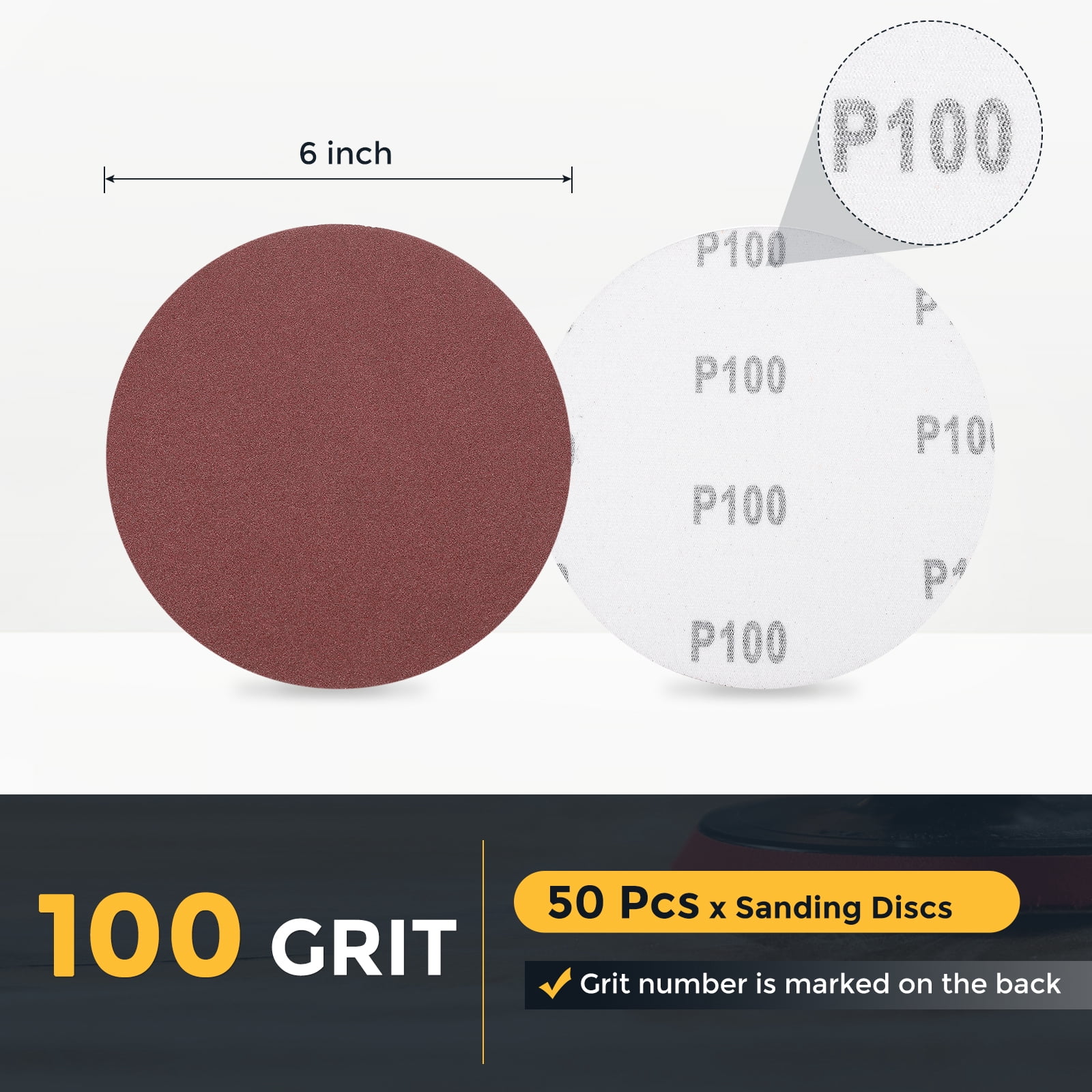 50 Pcs 6 Inch Sanding Disc 100 Grit Hook and Loop Sandpaper Random Orbital Sander Pads for Woodworking Automotive, Gold