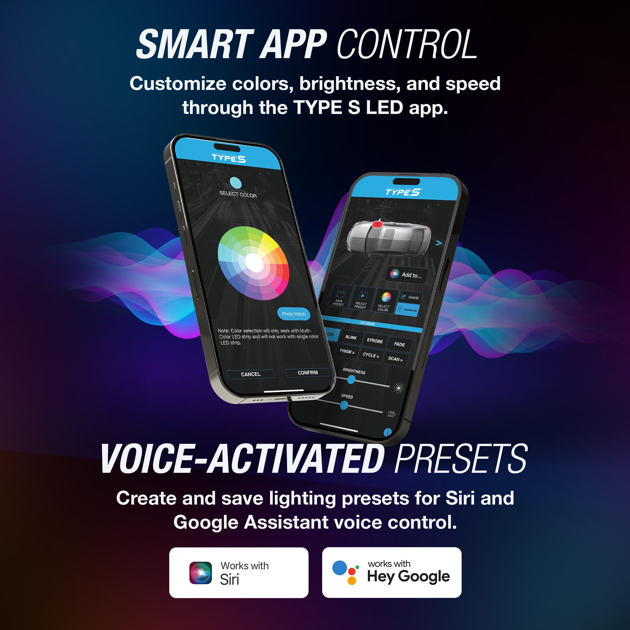 TYPE S - Infinite AppGlow Smart Interior Car LED Light Kit – 4 x 12” RGB Strips, CarPlay, Android Auto, Voice Control, Custom Presets, 12V Plug & Play