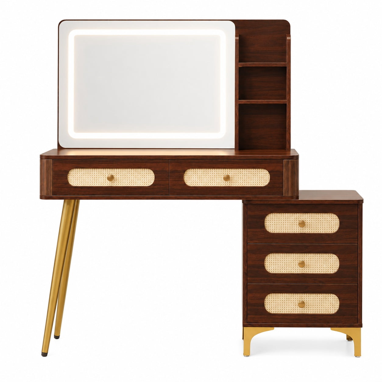 Aukfa 47.2" Rattan Makeup Vanity Desk with Lighted Mirror, Vintage Wood Vanity Table with 5 Drawers & Shelves, Gold Metal Legs, Walnut