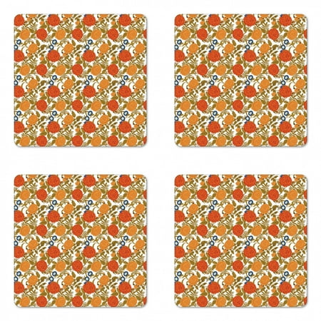 

Floral Coaster Set of 4 Romantic Rose Pattern with Foliage Leaves Vintage Style Illustration Feminine Design Square Hardboard Gloss Coasters Standard Size Multicolor by Ambesonne