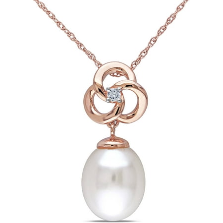 Miabella 9-9.5mm White Cultured Freshwater Pearl and Diamond-Accent 10kt Pink Gold Pendant
