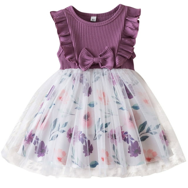 Robe d'Été pour Fille, Robe de Princesse en Coton à Manches Courtes avec Imprimé Floral pour Occasions Spéciales
