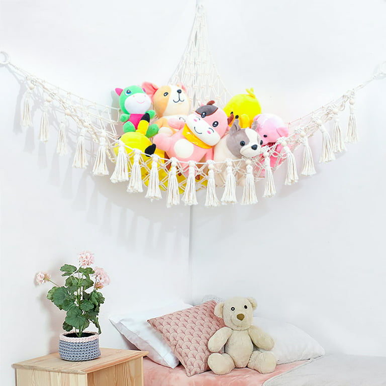 Stuffed Animal Net or Hammock with LED Light, Hanging Corner Net for Stuffed Animals Storage, Toy Organizer for Bedroom Nursery Crib Kindergarten