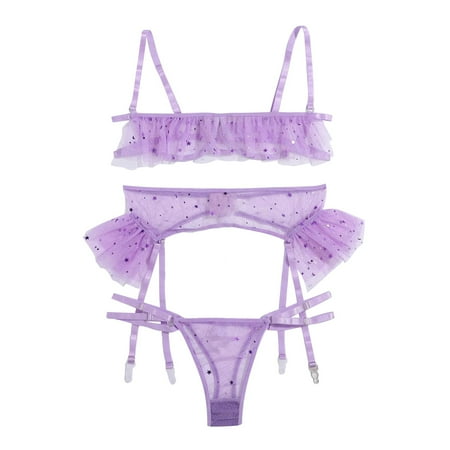

Yotyukeb Lingerie For Women Colorful Printed Star Moon Embroidery Thong Temptation Underwear Garter Belt (Purple)