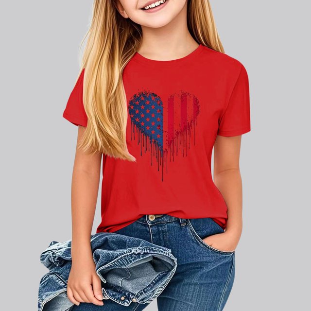 hengsof T-Shirt Imprimé à Thème Patriotique pour Filles, Manches Courtes, Col Rond, Ample et Confortable, Adapté aux Enfants de 2 à 13 Ans