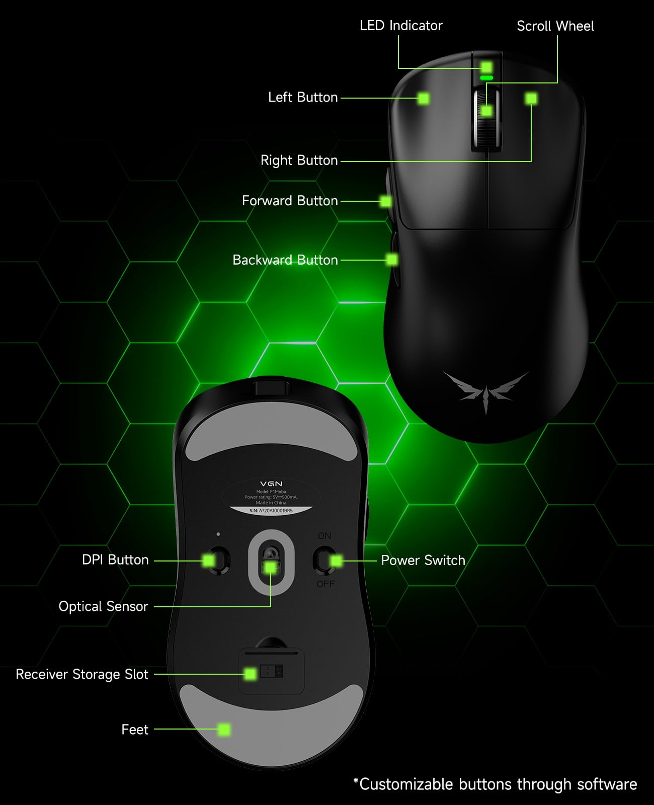 qaf Ultra Lightweight Wireless Gaming Mouse, 55g Tri-Mode Bluetooth/2.4G/USB-C Wired Mouse，Rechargeable 2.4G Cordless&Wired Mouse, 130Hrs Battery Life, for Laptop, PC, Mac-F1MOBA Black