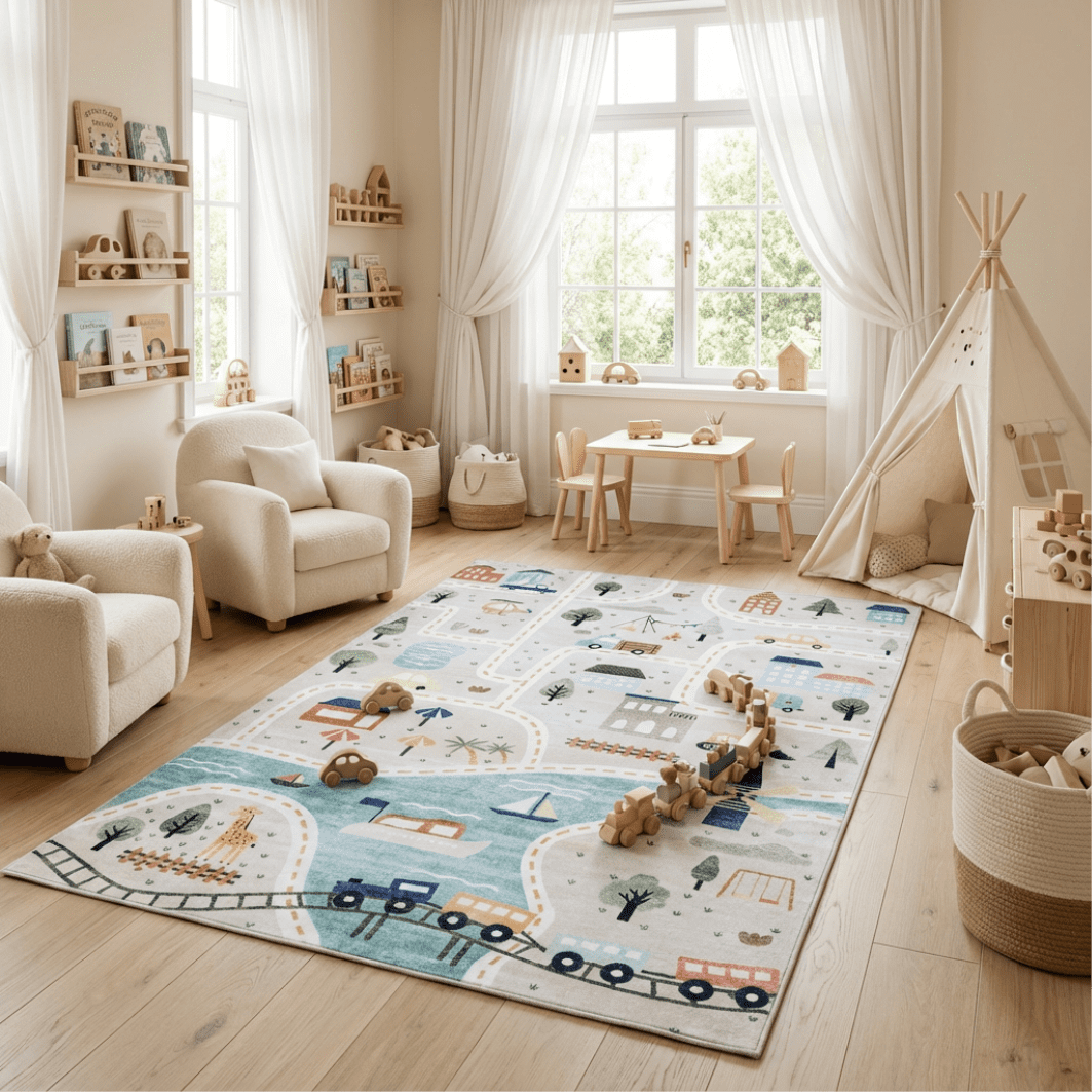 Rug Branch Soft Steps Playtime City Road Map, Tapis d'apprentissage educatif doux, Bleu Gris - Garcons et filles dans la salle de jeux, la creche, la chambre a coucher