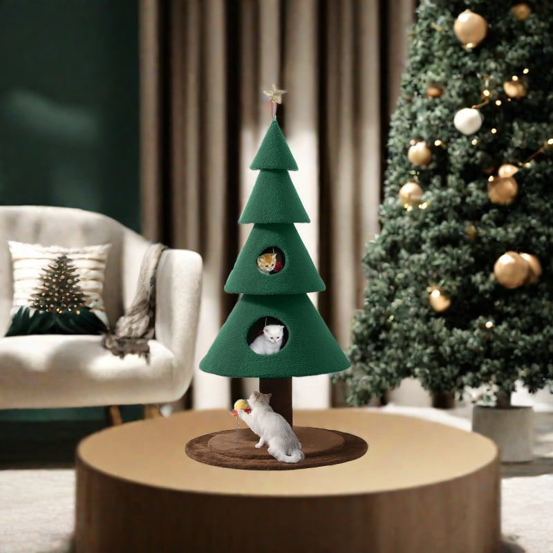 Uforic 60in Christmas Cat Tree, 2-Tier Festive Tall Cat Tower Furniture, 5ft Christmas Tree Party Decoration with Cat House and Bed