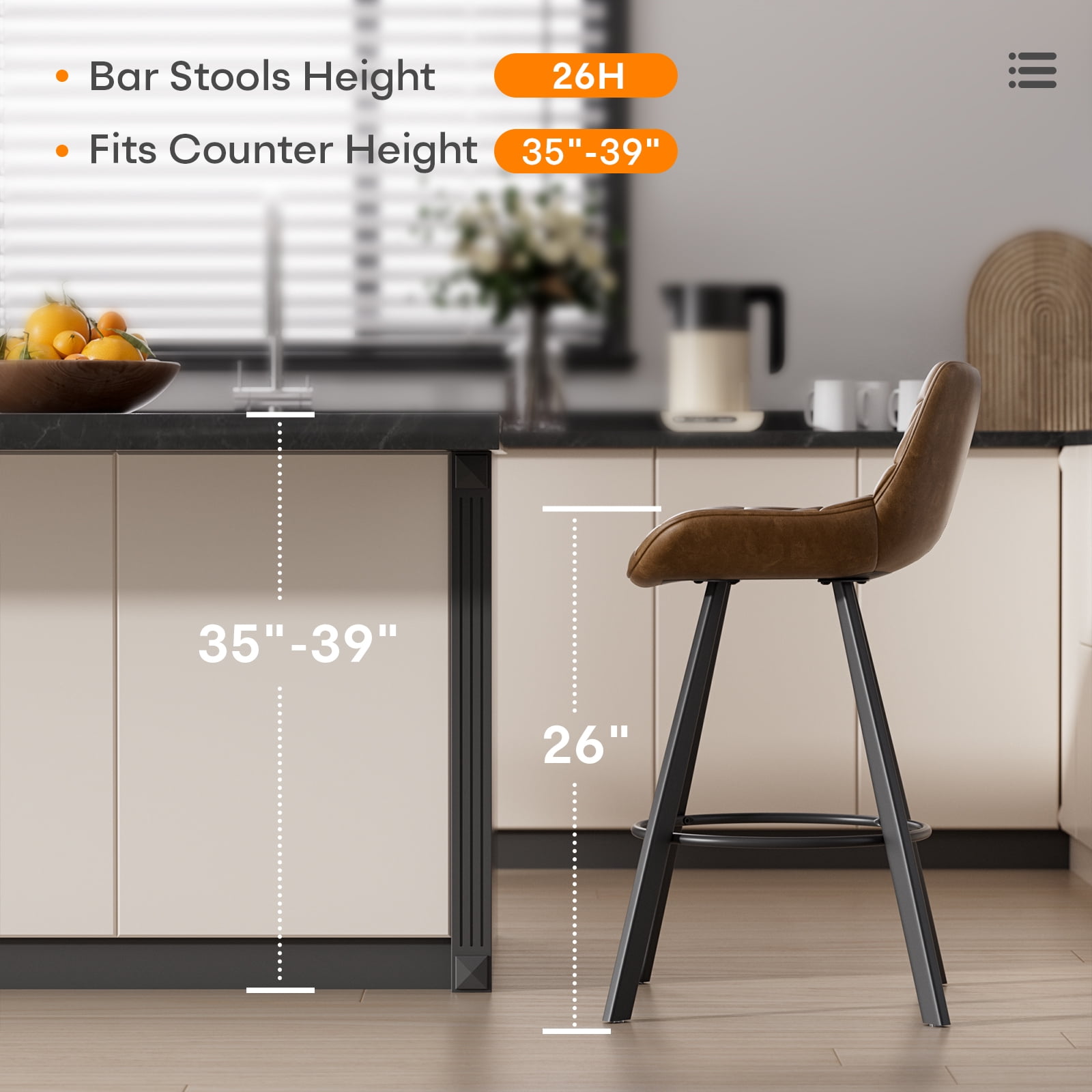 HomeZeer Bar Stools Set of 6, 26" Counter Height Bar Stools with Low Back and Footrest, PU Leather Upholstered Seat, Metal Legs Bar Chairs for Kitchen Island Dining, Brown