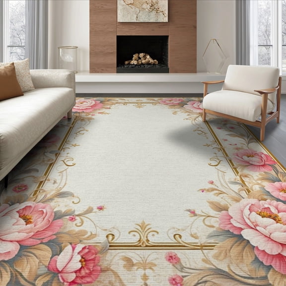 ODIKA 8'x10' Washable Area Rug Bathroom Boho Scroll Oushak Rectangular Delicate Vintage Border for Living Room, Under Sectional, Family , Durable, Non-Slip