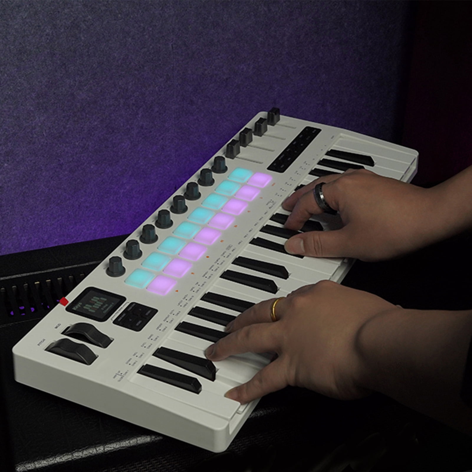 Music production controller Midi M- MIDI Keyboard 37-Key with Velocity Sensitivity 16 RGB Backlit Drum Pads 8 Knobs 4 Faders Synthesizer Engine for Music Production