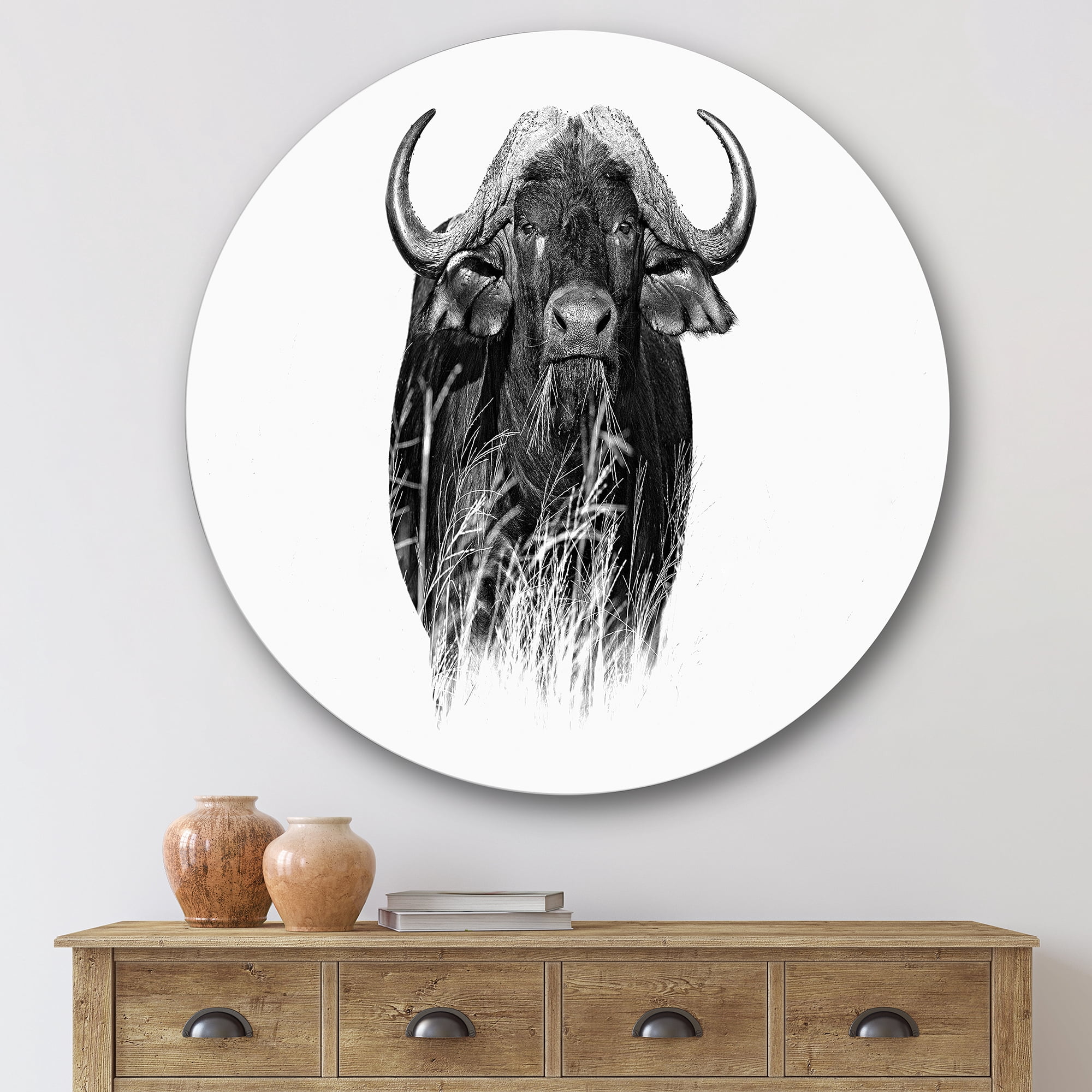 Designart 'Black and White Portrait Of Buffalo IV' Farmhouse Circle Metal Wall Art 36x36 - Disc of 36