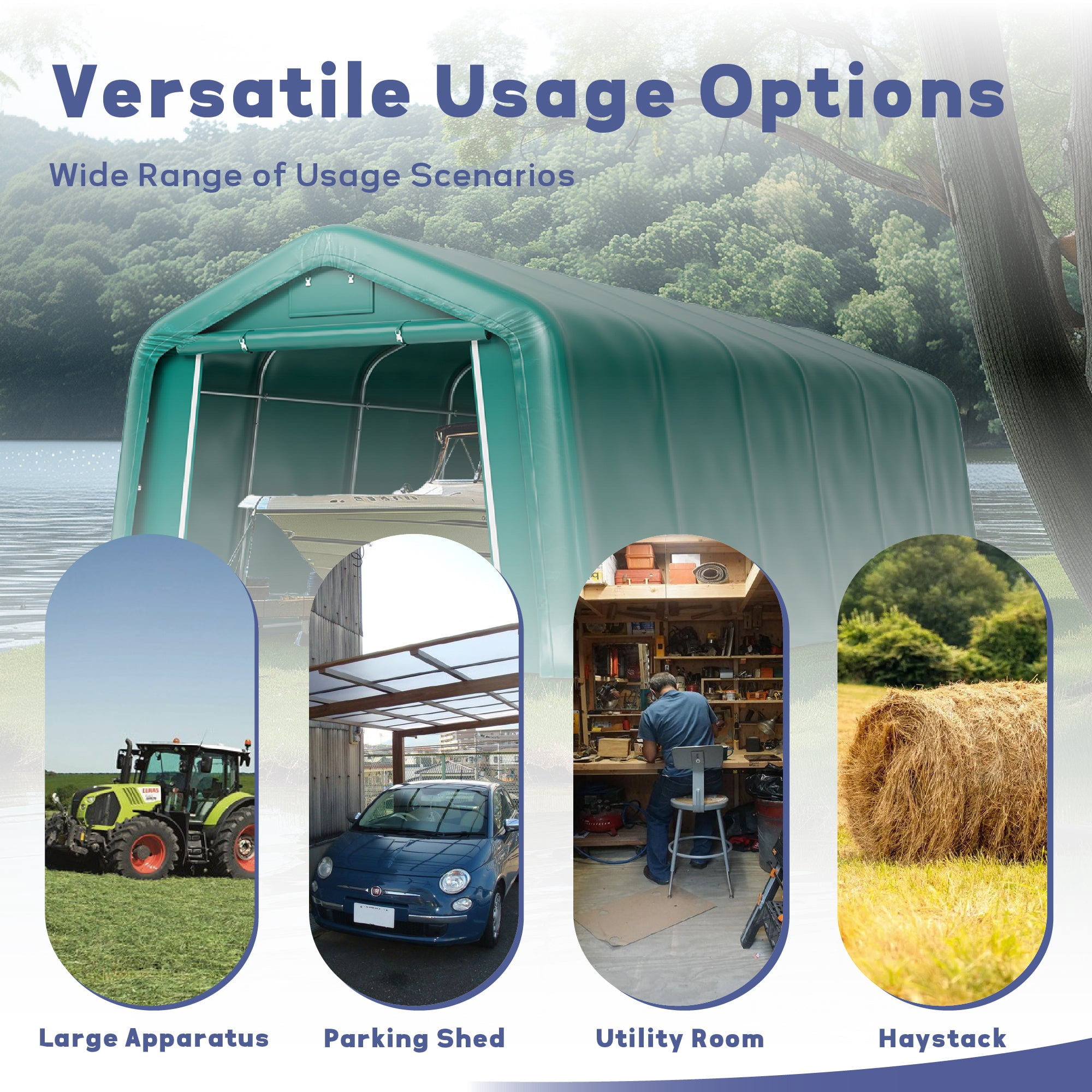 11 x 24 x 8.4 FT Green Outdoor Portable Storage Shed, Steel Peak Style Canopy Carport, All-Weather Agricultural Outdoor Storage Shelter Tent
