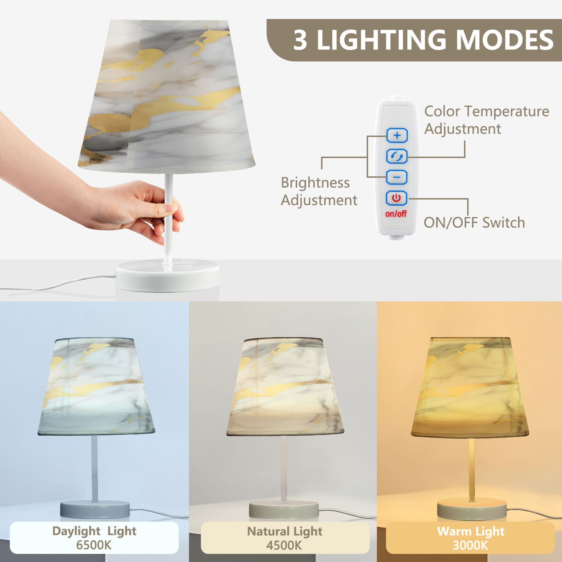 White Grey Gold Marble Desk Lamp LED Table Nightstand Lamps with 3 Color Temperatures for Home Bedroom Living Room Decor 8x12