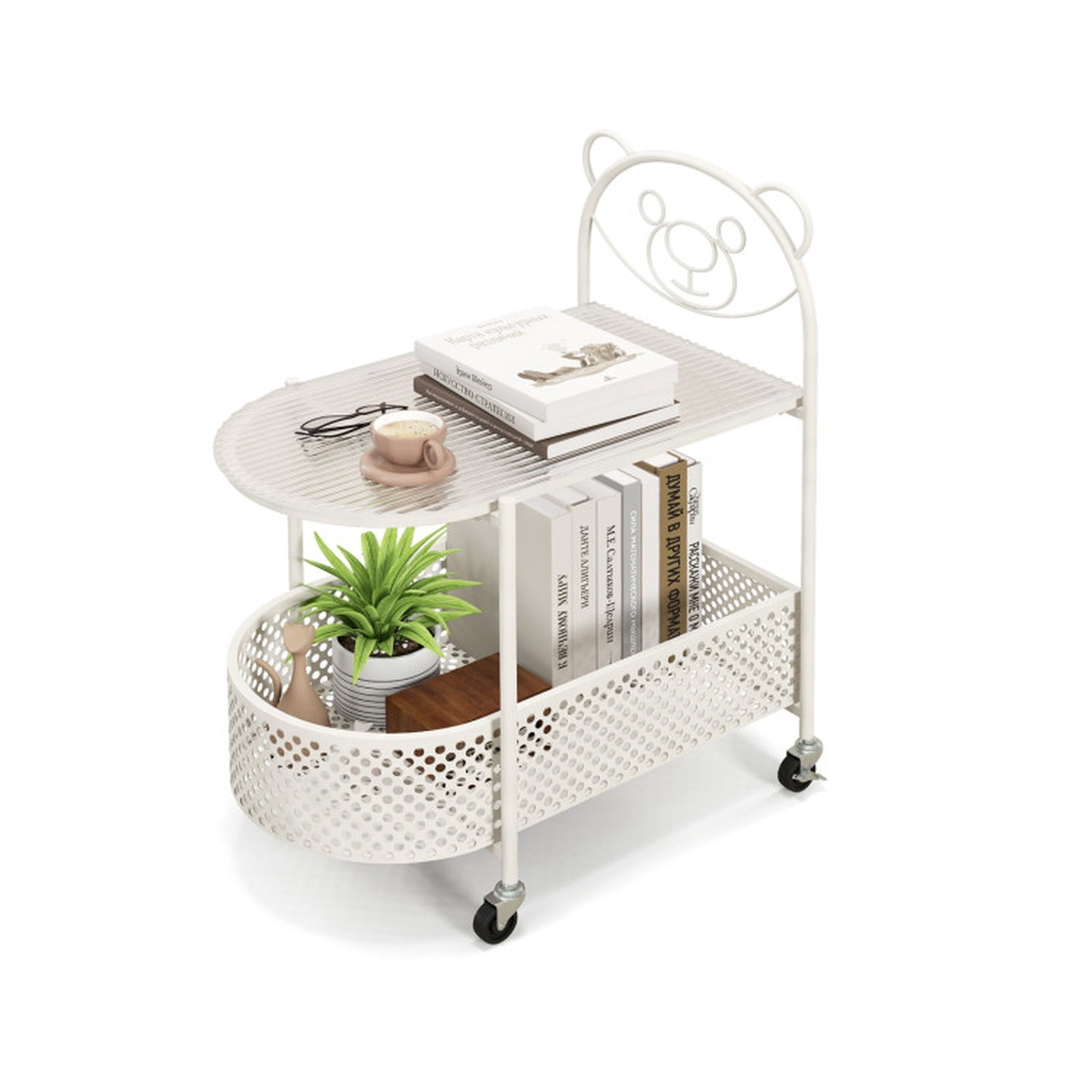 Furnibear 2 Tier Mobile Glass Coffee Table with Rolling Casters and Bear Pattern Storage Basket for the Small Living Room, White