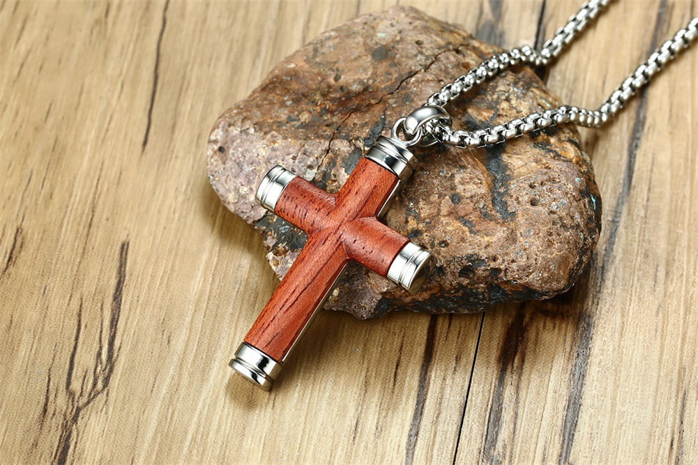 Miren Men’s Wooden Cross Necklace – Handmade Ebony Christian Cross Pendant with Stainless Steel Chain, 24” Brown Baptism Gift for Men