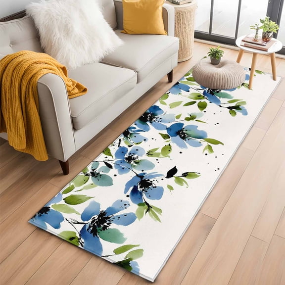Runner Rug 2 x 6 Ft, Blue Green Spring Floral Washable Non-Slip Floor Mat for Kitchen Hallway/Entryway, Weeping Botanical Summer Long Kitchen Runner Area Rugs for Living Room, Low-Profile