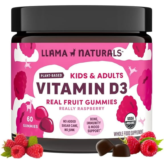 Llama Naturals Vitamin D3, Vegan, Organic Immune Support Supplement, Vitamin D Gummies for Adults and Kids, Real Fruit Gummy Vitamins, Promotes Bone Health, No Added Sugar Cane, Raspberry, 60 Ct