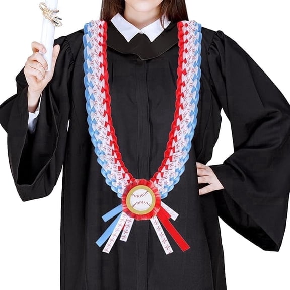 Baseball Themed Graduation Ribbon Wreath, Braided Senior Night Lei Necklace with Baseball Pendant and Mini Accent, Sports Banquet Party Favor for Graduate Ceremony Decor