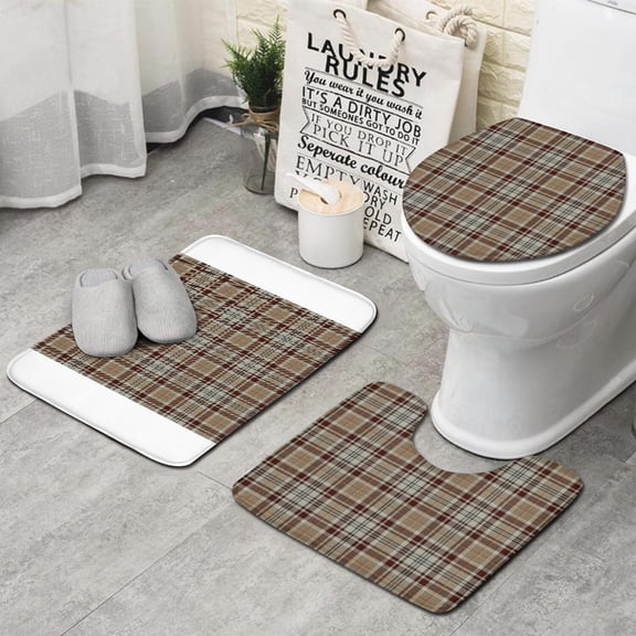 Brown Beige Plaid Checkered Pattern Bathroom Rugs Sets 3 Piece,Toilet Cover Set,Absorbent Non Slip Bathroom Mats Sets with U-Shaped Contour Rug Toilet Rug Set