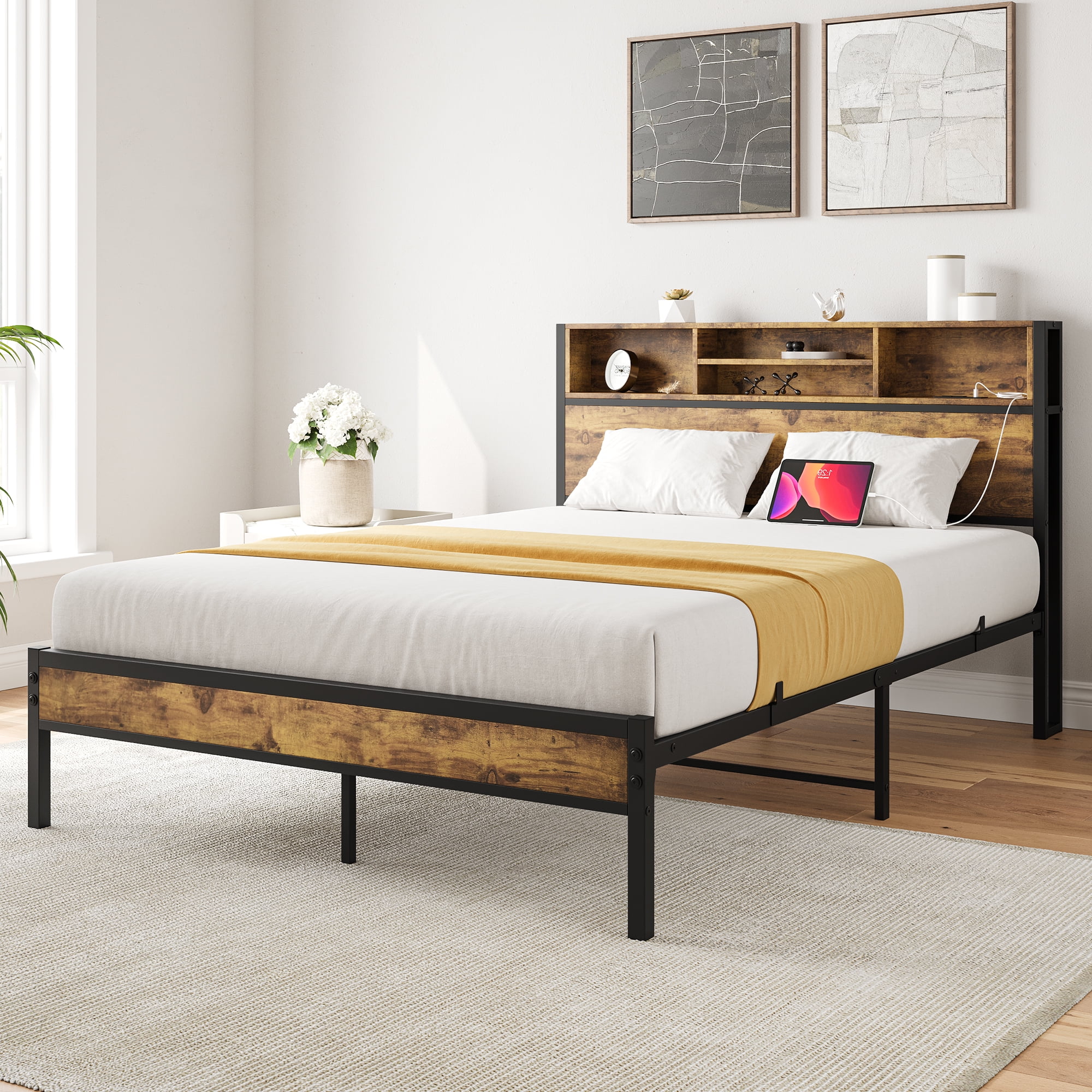 MAYEERTY Black Full-Size Metal Platform Bed: Storage Headboard, Charging Station & Bookcase Storage​