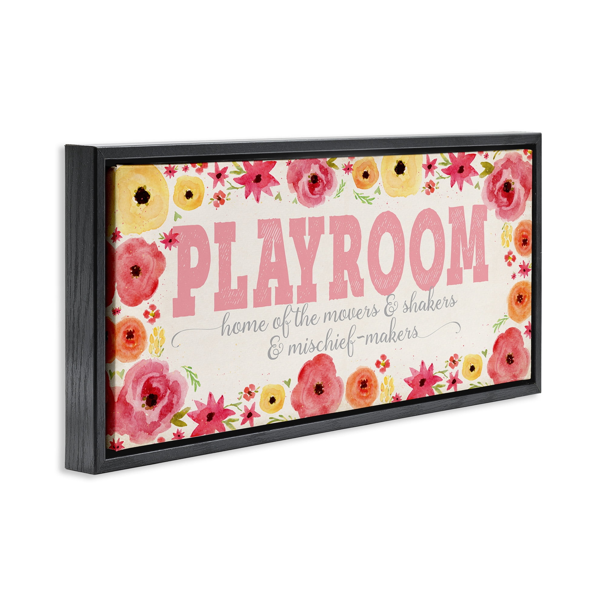 Stupell Industries Playroom Of Mischief Makers Pink Art for Kids Painting Black Floater Framed Canvas Art Print Wall Art, 31 x 14