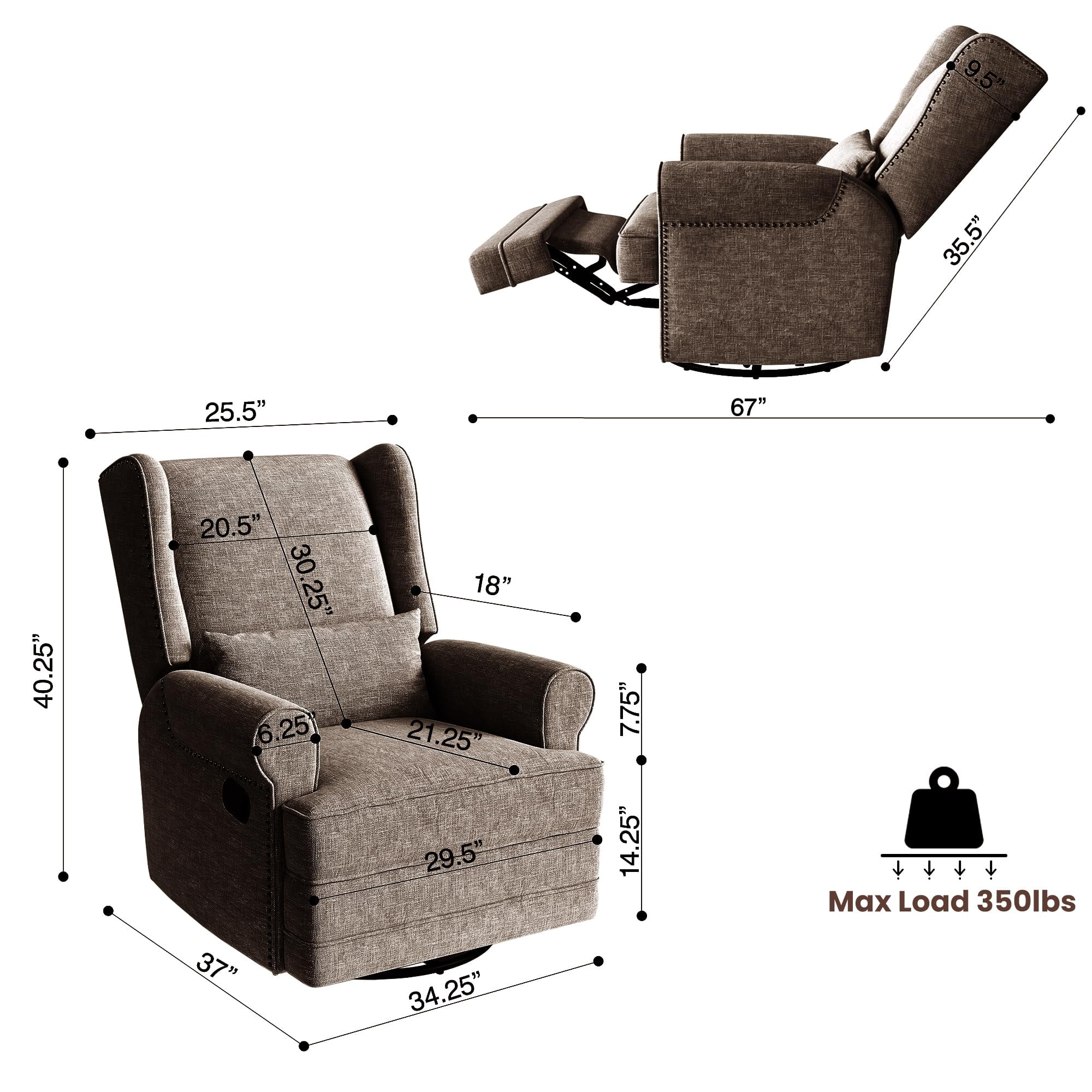 RoyalCraft Swivel Recliner Glider Rocking Chair with Lumbar Pillow and Footrest, for Bedroom, Living Room, Brown