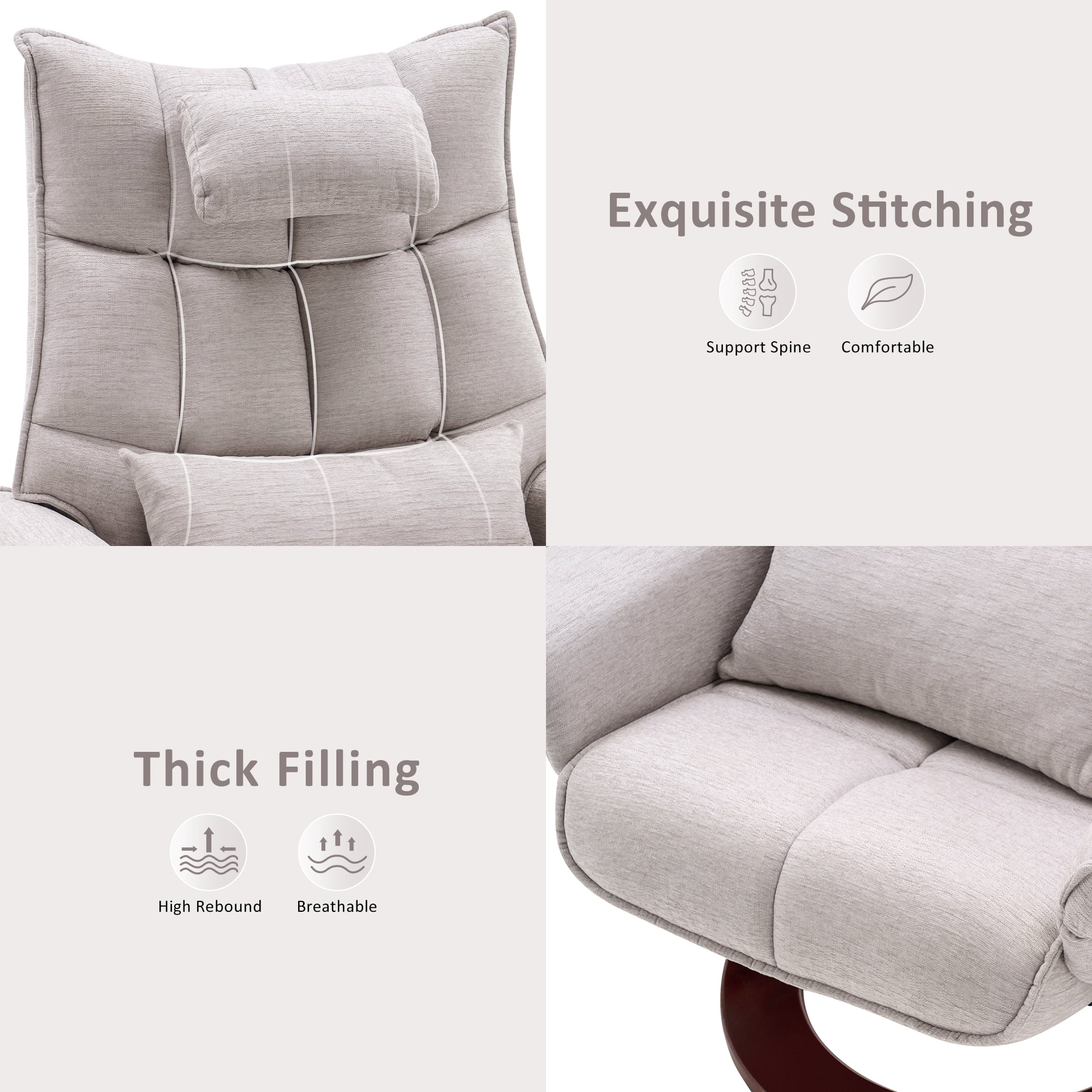 Mcombo Swivel Recliner with Ottoman, Massage TV Chairs with Neck Pillow and Side Pocket for Living Reading Room, Chenille Fabric 4188