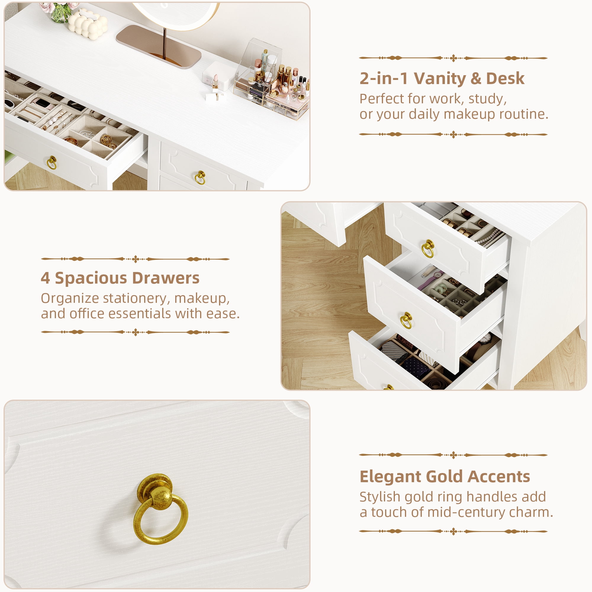 DreamCurship White Desk with 4 Drawers, Computer Desk with Storage, Home Office Desk for Small Spaces, Modern Makeup Vanity Dressing Desk, White