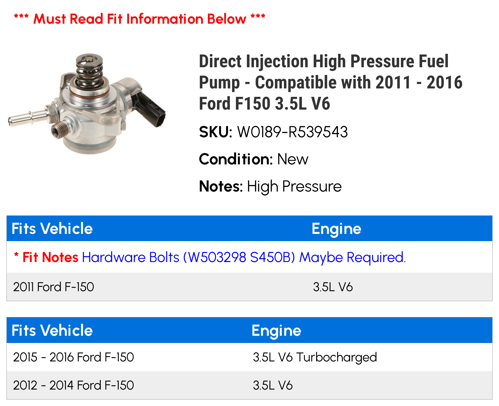 Direct Injection High Pressure Fuel Pump Compatible with 2011 2016 Ford  F150 3.5L V6 2012 2013 2014 2015