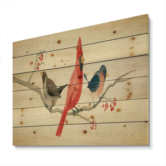 Designart 'Red Farmhouse Bird Sitting on Branch' Modern Farmhouse Print on Natural Pine Wood